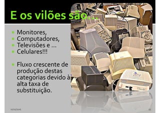  Monitores,
 Computadores,
 Televisões e ...
 Celulares!!!
 Fluxo crescente deFluxo crescente de
produção destasprodução destas
categorias devido àcategorias devido à
alta taxa dealta taxa de
substituiçãosubstituição..
10/10/2016 55
 