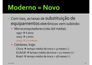  Com isso, as taxas de substituição de
equipamentos eletrônicos vem subindo:
 Microcomputadores (vida útil média):
1997  6 anos
2005  3 anos
2015  12 meses
 Celulares, hoje:
China  tempo médio de troca = 9 meses (-)
EUA/UE  tempo médio de troca = 12 meses (+)
Brasil  tempo médio de troca = 18 meses (-)
10/10/2016 60
 