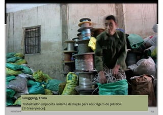 10/10/2016 93
Longgang, China
Trabalhador empacota isolante de fiação para reciclagem de plástico.
[© Greenpeace].
 