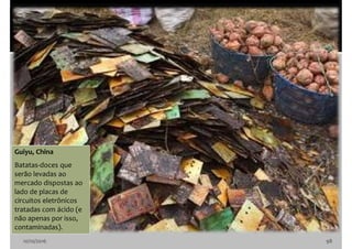 10/10/2016 98
Guiyu, China
Batatas-doces que
serão levadas ao
mercado dispostas ao
lado de placas de
circuitos eletrônicos
tratadas com ácido (e
não apenas por isso,
contaminadas).
 