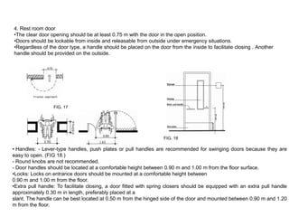 4. Rest room door
•The clear door opening should be at least 0.75 m with the door in the open position.
•Doors should be lockable from inside and releasable from outside under emergency situations.
•Regardless of the door type, a handle should be placed on the door from the inside to facilitate closing . Another
handle should be provided on the outside.




                  FIG. 17




                                                                  FIG. 18

• Handles: - Lever-type handles, push plates or pull handles are recommended for swinging doors because they are
easy to open. (FIG 18.)
- Round knobs are not recommended.
- Door handles should be located at a comfortable height between 0.90 m and 1.00 m from the floor surface.
•Locks: Locks on entrance doors should be mounted at a comfortable height between
0.90 m and 1.00 m from the floor.
•Extra pull handle: To facilitate closing, a door fitted with spring closers should be equipped with an extra pull handle
approximately 0.30 m in length, preferably placed at a
slant. The handle can be best located at 0.50 m from the hinged side of the door and mounted between 0.90 m and 1.20
m from the floor.
 