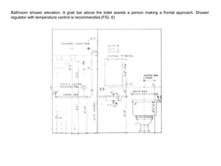 Bathroom shower elevation. A grab bar above the toilet assists a person making a frontal approach. Shower
regulator with temperature control is recommended.(FIG. 6)
 