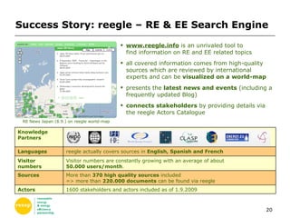 Success Story: reegle – RE & EE Search Engine www.reegle.info  is an unrivaled tool to  find information on RE and EE related topics all covered information comes from high-quality sources which are reviewed by international  experts and can be  visualized on a world-map presents the  latest news and events  (including a frequently updated Blog) connects stakeholders  by providing details via the reegle Actors Catalogue reegle actually covers sources in  English, Spanish and French Languages 1600 stakeholders and actors included as of 1.9.2009 Actors More than  370 high quality sources  included => more than  220.000 documents  can be found via reegle Sources Visitor numbers are constantly growing with an average of about   50.000 users/month . Visitor numbers Knowledge Partners RE News Japan (8.9.) on reegle world-map 