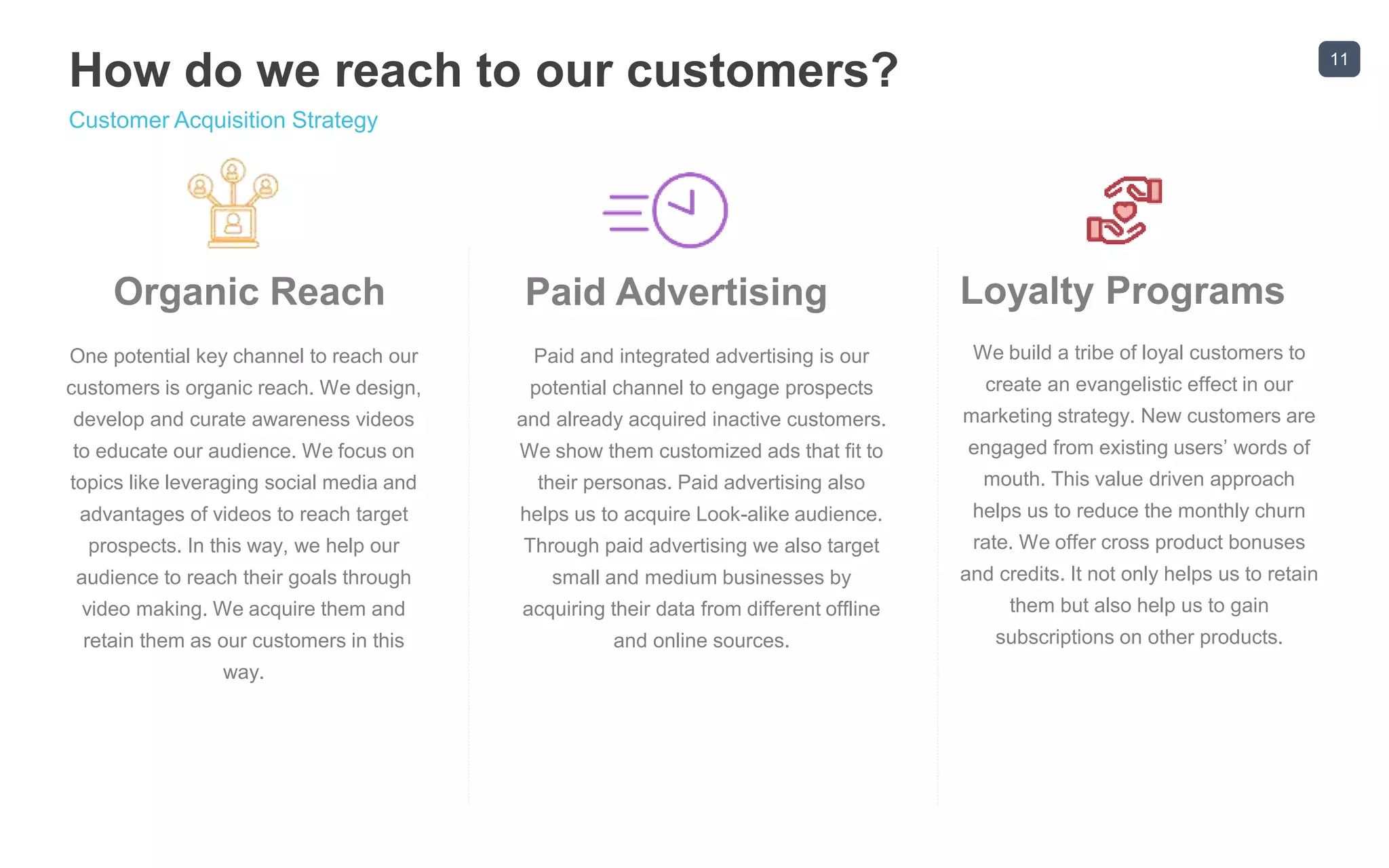 11
How do we reach to our customers?
Customer Acquisition Strategy
One potential key channel to reach our
customers is organic reach. We design,
develop and curate awareness videos
to educate our audience. We focus on
topics like leveraging social media and
advantages of videos to reach target
prospects. In this way, we help our
audience to reach their goals through
video making. We acquire them and
retain them as our customers in this
way.
Organic Reach
Paid and integrated advertising is our
potential channel to engage prospects
and already acquired inactive customers.
We show them customized ads that fit to
their personas. Paid advertising also
helps us to acquire Look-alike audience.
Through paid advertising we also target
small and medium businesses by
acquiring their data from different offline
and online sources.
Paid Advertising
We build a tribe of loyal customers to
create an evangelistic effect in our
marketing strategy. New customers are
engaged from existing users’ words of
mouth. This value driven approach
helps us to reduce the monthly churn
rate. We offer cross product bonuses
and credits. It not only helps us to retain
them but also help us to gain
subscriptions on other products.
Loyalty Programs
 