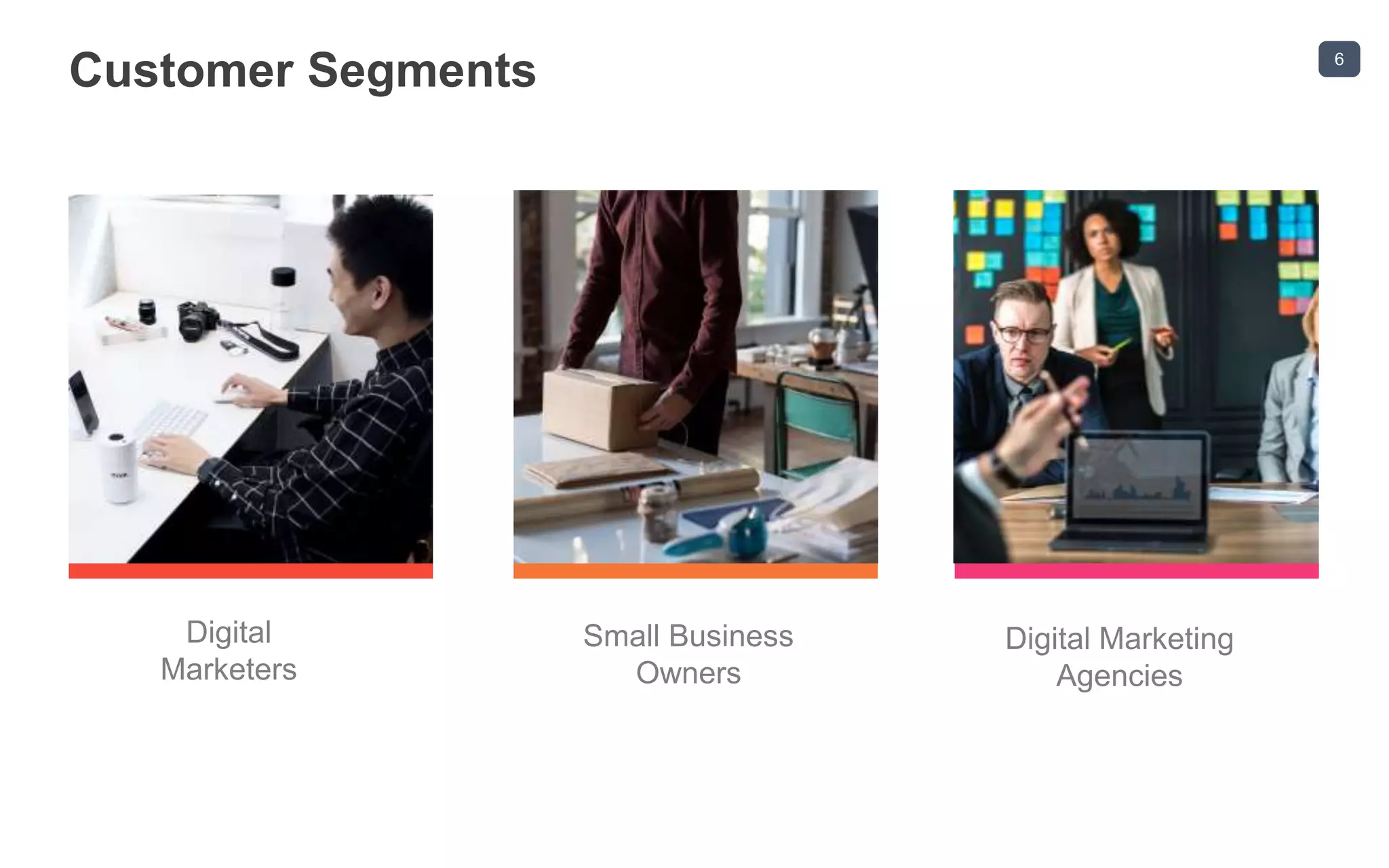 6
Customer Segments
Digital
Marketers
Small Business
Owners
Digital Marketing
Agencies
 