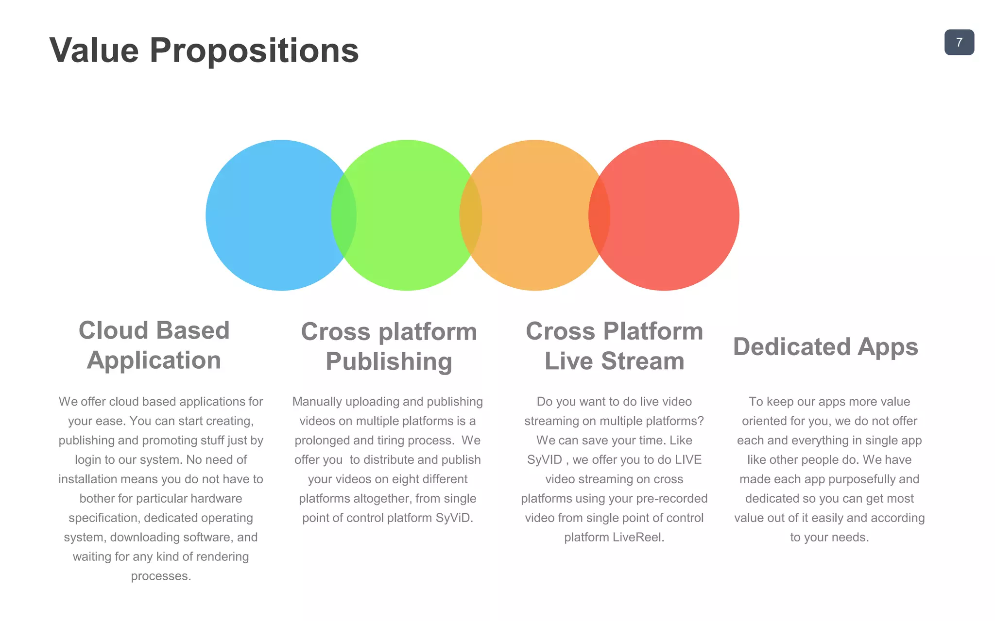 7
Value Propositions
We offer cloud based applications for
your ease. You can start creating,
publishing and promoting stuff just by
login to our system. No need of
installation means you do not have to
bother for particular hardware
specification, dedicated operating
system, downloading software, and
waiting for any kind of rendering
processes.
Cloud Based
Application
Manually uploading and publishing
videos on multiple platforms is a
prolonged and tiring process. We
offer you to distribute and publish
your videos on eight different
platforms altogether, from single
point of control platform SyViD.
Cross platform
Publishing
Do you want to do live video
streaming on multiple platforms?
We can save your time. Like
SyVID , we offer you to do LIVE
video streaming on cross
platforms using your pre-recorded
video from single point of control
platform LiveReel.
Cross Platform
Live Stream
To keep our apps more value
oriented for you, we do not offer
each and everything in single app
like other people do. We have
made each app purposefully and
dedicated so you can get most
value out of it easily and according
to your needs.
Dedicated Apps
 