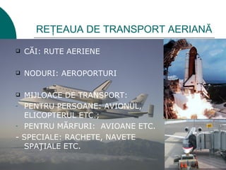 REŢEAUA DE TRANSPORT AERIANĂ

   CĂI: RUTE AERIENE

   NODURI: AEROPORTURI

 MIJLOACE DE TRANSPORT:
- PENTRU PERSOANE: AVIONUL,
  ELICOPTERUL ETC.;
- PENTRU MĂRFURI: AVIOANE ETC.

- SPECIALE: RACHETE, NAVETE
  SPAŢIALE ETC.
 
