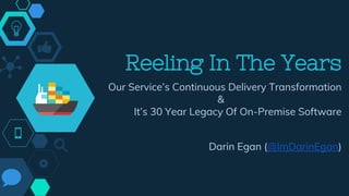 Reeling In The Years
Our Service’s Continuous Delivery Transformation
&
It’s 30 Year Legacy Of On-Premise Software
Darin Egan (@ImDarinEgan)
 