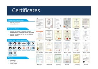 Certificates
ETL SAA TUV CE S-MARK TRCU
UL C-TICK ISO14001 ISO9001 MIC FCC
USA PATENT China Patent Korea Patent Korea Patent Korea Patent Korea Patent
INNO BIZ VENTURE Awards Awards Awards Awards
 