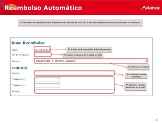 3
Reembolso Automático
O formulário de reembolso será disponibilizado através de uma URL e deve ser preenchido antes do processo no Amadeus.
1º A data será preenchida automaticamente
2º Inserir o número do E-ticket ou EMD
3º Informar o motivo
3º Informar o nome
completo
4º Informar contato
telefônico ou e-mail
 