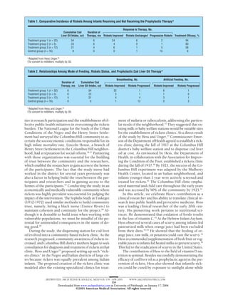 Table 1. Comparative Incidence of Rickets Among Infants Receiving and Not Receiving the Prophylactic Therapy*

                                                                                      Response to Therapy, No.
                                    Cumulative Cod         Duration of
                                  Liver Oil Intake, oz†   Therapy, mo Rickets Improved Rickets Unchanged Progressive Rickets Treatment Efficacy, %
  Treatment group 1 (n = 32)                54                  6              24                    6                  2                       94
  Treatment group 2 (n = 5)                 23                  6               4                    0                  1                       80
  Treatment group 3 (n = 12)                21                  4               6                    1                  5                       58
  Control group (n = 16)                     0                  0               0                    1                 15                        6

  *Adapted from Hess Unger.33
  †To convert to milliliters, multiply by 30.


  Table 2. Relationships Among Mode of Feeding, Rickets Status, and Prophylactic Cod Liver Oil Therapy*

                                                                                     Breastfeeding, No.                     Artificial Feeding, No.
                                   Duration of      Cumulative Cod
                                  Therapy, mo     Liver Oil Intake, oz†   Rickets Improved    Rickets Progressed   Rickets Improved     Rickets Progressed
  Treatment group 1 (n = 32)            6                  54                   22                        1                 8                     1
  Treatment group 2 (n = 5)             6                  23                    3                        1                 1                     0
  Treatment group 3 (n = 12)            4                  21                    4                        4                 3                     1
  Control group (n = 16)                0                   0                    1                       12                 0                     3

  *Adapted from Hess and Unger.33
  †To convert to milliliters, multiply by 30.


ties in research participation and the establishment of ef-                           ment of malaria or tuberculosis, addressing the particu-
fective public health initiatives in overcoming the rickets                           lar needs of the neighborhood.33 They suggested that ex-
burden. The National League for the Study of the Urban                                isting milk or baby welfare stations would be suitable sites
Conditions of the Negro and the Henry Street Settle-                                  for the establishment of rickets clinics. As a direct result
ment had surveyed the Columbus Hill community to as-                                  of the study by Hess and Unger,33 Commissioner Emer-
certain the socioeconomic conditions responsible for its                              son of the Department of Health agreed to establish a rick-
high infant mortality rate. Lincoln House, a branch of                                ets clinic during the fall of 1917 at the Columbus Hill
Henry Street Settlement in the Columbus Hill neighbor-                                district’s baby welfare station and to dispense cod liver
hood, had a reputation for social reform.36,37 Partnering                             oil at cost. As envisioned by Hess, the Department of
with those organizations was essential for the building                               Health, in collaboration with the Association for Improv-
of trust between the community and the researchers,                                   ing the Condition of the Poor, established a rickets clinic
which enabled the researchers to gain access to the homes                             during the fall of 1917.40 By 1921, the success of the Co-
of the participants. The fact that the study nurse had                                lumbus Hill experiment was adapted by the Mulberry
worked in the district for several years previously was                               Health Center, located in an Italian neighborhood, and
also a factor in helping build the trust between the par-                             infants younger than 1 year were actively screened and
ticipants and researchers and in gaining access to the                                treated for rickets.41 The Columbus Hill clinic empha-
homes of the participants.33 Conducting the study in an                               sized maternal and child care throughout the early years
economically and medically vulnerable community where                                 and was accessed by 90% of the community by 1925.41
rickets was highly prevalent was essential for judging the                                In this article, we celebrate Hess’s contribution as a
impact of the intervention. The Syphilis Study at Tuskegee                            clinical researcher and his ability to translate clinical re-
(1932-1972) used similar methods to build community                                   search into public health and preventive medicine. Hess
trust, namely, hiring a black nurse (Eunice Rivers) to                                was a leading clinical researcher of the early 20th cen-
maintain cohesion and continuity for the project.38 Al-                               tury. His pioneering work pertains to nutritional sci-
though it is desirable to build trust when working with                               ences. He demonstrated that oxidation of foods results
vulnerable populations, we must be mindful of the po-                                 in the loss of vitamin C.42 At the Hebrew Infant Asylum,
tential for unintended consequences in the name of do-                                Hess observed several cases of scurvy among infants fed
ing good.39                                                                           pasteurized milk when orange juice had been excluded
    During the study, the dispensing station for cod liver                            from their diets.43,44 He showed that the feeding of or-
oil evolved into a community-based rickets clinic. As the                             ange juice, raw milk, or potatoes could cure the scurvy.44
research progressed, community awareness of rickets in-                               Hess recommended supplementation of fresh fruit or veg-
creased, and Columbus Hill district mothers began to seek                             etable juices to infants fed heated milks to prevent scurvy.44
consultation for diagnosis and treatment of rickets at that                           This led to the eradication of scurvy in the United States.
clinic. Hess and Unger33 proposed setting up such “rick-                                  The contribution of Hess to the field of vitamin D nu-
ets clinics” in the Negro and Italian districts of large cit-                         trition is seminal. Besides successfully demonstrating the
ies because rickets was equally prevalent among Italian                               efficacy of cod liver oil as a prophylactic agent in the pre-
infants. The proposed creation of the rickets clinic was                              vention of rickets, Hess also showed that infantile rick-
modeled after the existing specialized clinics for treat-                             ets could be cured by exposure to sunlight alone while


                   (REPRINTED) ARCH PEDIATR ADOLESC MED/ VOL 159, APR 2005                     WWW.ARCHPEDIATRICS.COM
                                                                  339
                               Downloaded from www.archpediatrics.com at University of Pittsburgh, on January 17, 2006
                                            ©2005 American Medical Association. All rights reserved.
 