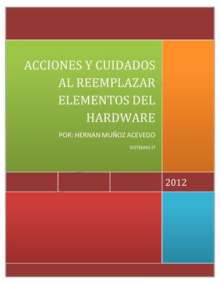 ACCIONES Y CUIDADOS
     AL REEMPLAZAR
     ELEMENTOS DEL
         HARDWARE
     POR: HERNAN MUÑOZ ACEVEDO
                       SISTEMAS JT




                                     2012
 