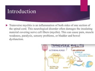 Introduction
 Transverse myelitis is an inflammation of both sides of one section of
the spinal cord. This neurological disorder often damages the insulating
material covering nerve cell fibers (myelin). This can cause pain, muscle
weakness, paralysis, sensory problems, or bladder and bowel
dysfunction.
 