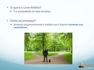  O que é o Livre Arbítrio?
 É a possibilidade de fazer escolhas.
 Como se processa?
 Aumenta progressivamente à medida que o Espírito aumenta sua
consciência.
 