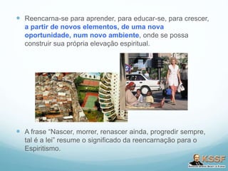  Reencarna-se para aprender, para educar-se, para crescer,
a partir de novos elementos, de uma nova
oportunidade, num novo ambiente, onde se possa
construir sua própria elevação espiritual.
 A frase “Nascer, morrer, renascer ainda, progredir sempre,
tal é a lei” resume o significado da reencarnação para o
Espiritismo.
 