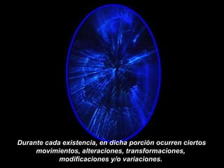 Durante cada existencia, en dicha porción ocurren ciertos movimientos, alteraciones, transformaciones,  modificaciones y/o variaciones.  