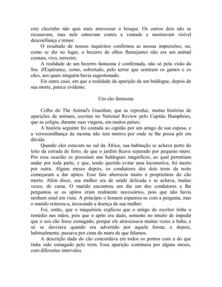 este cãozinho não quis mais atravessar o bosque. Os outros dois não se
recusavam, mas nele entravam contra a vontade e mostravam visível
desconfiança e temor.
O resultado de nossos inquéritos confirmou as nossas impressões, ou,
como se diz no lugar, o bezerro de olhos flamejantes não era um animal
comum, vivo, terrestre.
A realidade de um bezerro fantasma é confirmada, não só pela visão da
Sra. d'Espérance, como, sobretudo, pelo terror que sentiram os gamos e os
cães, aos quais ninguém havia sugestionado.
Eis outro caso, em que a realidade da aparição de um buldogue, depois de
sua morte, parece evidente.
Um cão fantasma
Colho do The Animal's Guardian, que as reproduz, muitas histórias de
aparições de animais, escritas no National Review pelo Capitão Humphries,
que as coligiu, durante suas viagens, em muitos países.
A história seguinte foi contada ao capitão por um amigo de sua esposa, e
a verossimilhança da mesma não tem motivo por onde se lhe possa pôr em
dúvida.
Quando eles estavam no sul da África, sua habitação se achava perto do
leito da estrada de ferro, de que o jardim ficava separado por pequeno muro.
Por essa ocasião os possuíam uns buldogues magníficos, ao qual permitiam
andar por toda parte, e que, tendo querido evitar uma locomotiva, foi morto
por outra. Alguns meses depois, os condutores dos dois trens da noite
começaram a dar apitos. Esse fato aborrecia muito o proprietário do cão
morto. Além disso, sua mulher era de saúde delicada e se achava, muitas
vezes, de cama. O marido encontrou um dia um dos condutores e lhe
perguntou se os apitos eram realmente necessários, pois que não havia
nenhum sinal em vista. A princípio o homem espantou-se com a pergunta, mas
o marido reiterou-a, invocando a doença de sua mulher.
Foi, então, que o maquinista explicou que o amigo do escritor tinha o
remédio nas mãos, pois que o apito era dado, somente no intuito de impedir
que o seu cão fosse esmagado, porque ele atravessava muitas vezes a linha, e
só se desviava quando era advertido por aquela forma; e depois,
habitualmente, passava por cima do muro de que falamos.
A descrição dada do cão concordava em todos os pontos com a do que
tinha sido esmagado pelo trem. Essa aparição continuou por alguns meses,
com diferentes intervalos.
 