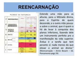 REENCARNAÇÃO
• Estende uma mão para as
alturas, para a Mônada divina,
para o Espírito de quem
descende; e a outra mão pousaa sobre o animal, que é quem o
há de levar à conquista dos
planos inferiores, fazendo dele
um instrumento perfeito pra a
manifestação da vida superior.
Árdua é a tarefa que tem
perante si: nada menos do que
elevar o animal ao divino.”
(Reencarnação – Annie Besant – Ed.
Pensamento págs 24)

 