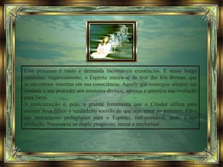 Esse processo é vasto e demanda incontáveis existências. E nesse longo
caminhar, vagarosamente, o Espírito inteira-se do teor das leis divinas, que
se encontram inscritas em sua consciência. Aquele que consegue adaptar sua
vontade e seu proceder aos estatutos divinos, apressa e ameniza sua evolução
para Deus.
A reencarnação é, pois, a grande ferramenta que o Criador utiliza para
ensinar Seus filhos o verdadeiro sentido do que seja amor ao próximo. Ela é
um instrumento pedagógico para o Espírito, indispensável, pois, à sua
evolução. Necessária ao duplo progresso, moral e intelectual.
 
