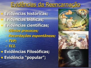 Evidências da Reencarnação
• Evidências históricas;
• Evidências bíblicas;
• Evidências científicas;
  – Gênios precoces;
  – Recordações espontâneas;
  – TVP;
  – TCI.
• Evidências Filosóficas;
• Evidência “popular”;
 