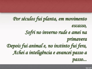 Por séculos fui planta, em movimento
escasso,
Sofri no inverno rude e amei na
primavera
Depois fui animal e, no instinto fui fera,
Achei a inteligência e avancei passo a
passo...
 