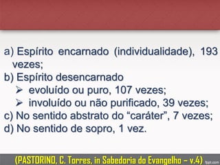 a) Espírito encarnado (individualidade), 193
vezes;
b) Espírito desencarnado
 evoluído ou puro, 107 vezes;
 involuído ou não purificado, 39 vezes;
c) No sentido abstrato do “caráter”, 7 vezes;
d) No sentido de sopro, 1 vez.
(PASTORINO, C. Torres, in Sabedoria do Evangelho – v.4)
 