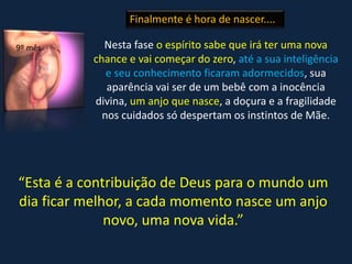 Nesta fase o espírito sabe que irá ter uma nova
chance e vai começar do zero, até a sua inteligência
e seu conhecimento ficaram adormecidos, sua
aparência vai ser de um bebê com a inocência
divina, um anjo que nasce, a doçura e a fragilidade
nos cuidados só despertam os instintos de Mãe.
“Esta é a contribuição de Deus para o mundo um
dia ficar melhor, a cada momento nasce um anjo
novo, uma nova vida.”
Finalmente é hora de nascer....
9º mês
 