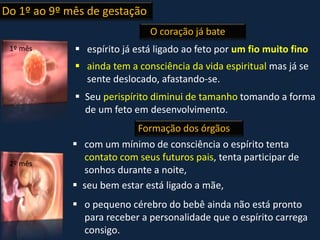 O coração já bate
Do 1º ao 9º mês de gestação
 espírito já está ligado ao feto por um fio muito fino
 ainda tem a consciência da vida espiritual mas já se
sente deslocado, afastando-se.
 Seu perispírito diminui de tamanho tomando a forma
de um feto em desenvolvimento.
 com um mínimo de consciência o espírito tenta
contato com seus futuros pais, tenta participar de
sonhos durante a noite,
 seu bem estar está ligado a mãe,
 o pequeno cérebro do bebê ainda não está pronto
para receber a personalidade que o espírito carrega
consigo.
Formação dos órgãos
1º mês
2º mês
 
