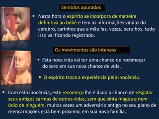  Nesta hora o espírito se incorpora de maneira
definitiva ao bebê e tem as informações vindas do
cérebro, carinhos que a mãe faz, vozes, barulhos, tudo
isso vai ficando registrado.
 Esta nova vida vai ter uma chance de recomeçar
do zero em sua nova chance de vida.
 O espírito troca a experiência pela inocência.
 Com esta inocência, este recomeço lhe é dado a chance de resgatar
seus antigos carmas de outras vidas, sem que sinta mágoa e nem
ódio de ninguém, muitas vezes um adversário antigo no seu plano de
reencarnações está bem próximo, em sua nova família.
Sentidos apurados
Os movimentos são intensos
5º mês
6º mês
 