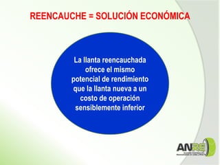 La llanta reencauchada
ofrece el mismo
potencial de rendimiento
que la llanta nueva a un
costo de operación
sensiblemente inferior
REENCAUCHE = SOLUCIÓN ECONÓMICA
 
