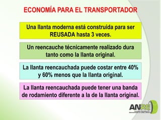 Una llanta moderna está construida para ser
REUSADA hasta 3 veces.
Un reencauche técnicamente realizado dura
tanto como la llanta original.
La llanta reencauchada puede costar entre 40%
y 60% menos que la llanta original.
La llanta reencauchada puede tener una banda
de rodamiento diferente a la de la llanta original.
ECONOMÍA PARA EL TRANSPORTADOR
 