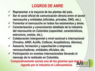  Representar a la mayoría de las plantas del país.
 Ser el canal oficial de comunicación directa entre el sector
reencauche y entidades (oficiales, privadas, ONG, etc.).
 Fomentar el reencauche en todos los estamentos y áreas.
 Caracterización y conocimiento detallado de la industria
del reencauche en Colombia (capacidad, características,
estructura, costos, etc.).
 Colaboración intergremial a nivel nacional e internacional
(Fenalco, ANDI, Acolfa, Colfecar, Acoplásticos, Alarneu).
 Asesoría, formación y capacitación a empresas
reencauchadoras, entidades oficiales, etc.
 Participación en eventos internacionales llevando el
mensaje de lo realizado en Colombia.
Comparativamente somos uno de los gremios que mas ha
logrado por la industria en Latinoamérica.
LOGROS DE ANRE
 