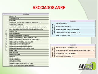 ASOCIADOS ANRE
ALTRA S.A.
AUTOMUNDIAL S.A.
BANDTEK S.A.
COMERCIALIZADORA DE LLANTAS DE OCCIDENTE S.A.S.
COMPAÑÍA LLANTERA S.A.
COOPERATIVA DE TRANSPORTES URBANOS DE CARTAGENA LTDA.
LUIS FELIPE BALLESTEROS RODRÍGUEZ - METROLLANTAS
MASTER S.A.
MERCALLANTAS S.A.
REENCAUCHADORA BOGOTÁ LTDA.
REENCAUCHADORA COLOMBIA REENCOL S.A.S.
REENCAUCHADORA CONTINENTAL DE LLANTAS S.A.S.
REENCAUCHADORA DE LA SABANA LTDA.
REENCAUCHADORA HÉRCULES S.A.
REENCAUCHADORA SURAMÉRICA LTDA.
REENCAUCHADORA TECNOLLANTAS S.A.S.
REMAX S.A.S.
RENCANAL S.A.
RENCAUTEC S.A.S.
RENOBOY S.A.
RENOVANDO S.A.S.
SERVIBANDA LTDA.
SERVIREENCAUCHE DE MEDELLÍN S.A.S.
SUPER REENCAUCHE BUCALLANTAS S.A.S.
EMPRESASREENCAUCHADORAS
ASOCIADO
GALGO S.A. DE C.V.
HULES BANDA S.A. DE C.V.
IUSA IZTAPALAPA S.A DE C.V - PANESA
JACKS AND TOOLS J&T COLOMBIA S.A.S.
VIPAL COLOMBIA S.A.S.
PROVEEDORESDE
MATERIALES
ASOCIADO
BRIDGESTONE DE COLOMBIA S.A.S.
COMERCIALIZADORA DE LLANTAS UNIDAS INTERNACIONAL S.A.S.
CONTINENTAL TIRE COLOMBIA S.A.S.
GOODYEAR DE COLOMBIA S.A.
PRODUCTORES/
IMPORTADORES
ASOCIADO
 