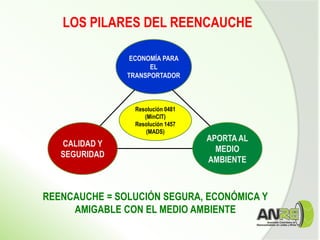CALIDAD Y
SEGURIDAD
ECONOMÍA PARA
EL
TRANSPORTADOR
APORTA AL
MEDIO
AMBIENTE
Resolución 0481
(MinCIT)
Resolución 1457
(MADS)
LOS PILARES DEL REENCAUCHE
REENCAUCHE = SOLUCIÓN SEGURA, ECONÓMICA Y
AMIGABLE CON EL MEDIO AMBIENTE
 