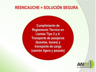 Cumplimiento de
Reglamento Técnico en
Llantas Tipo 3 y 4:
Transporte de pasajeros
(busetas, buses) y
transporte de carga
(camión ligero y pesado)
REENCAUCHE = SOLUCIÓN SEGURA
 