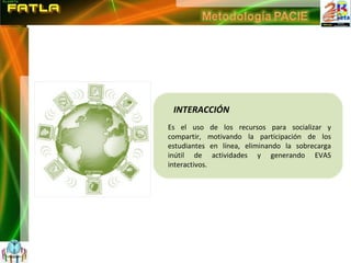 INTERACCIÓN Es el uso de los recursos para socializar y compartir, motivando la participación de los estudiantes en línea, eliminando la sobrecarga inútil de actividades y generando EVAS interactivos. 