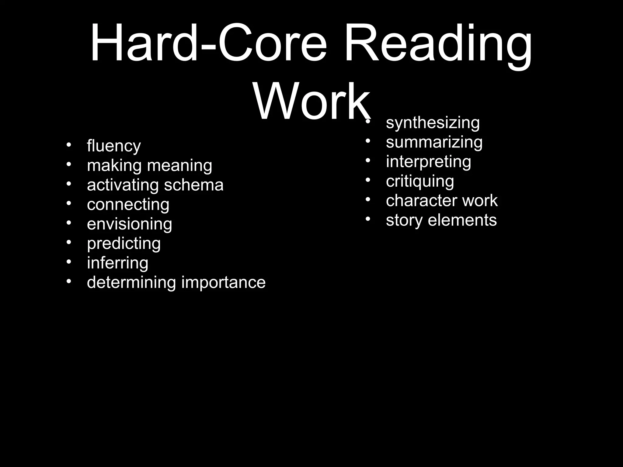 Hard-Core Reading
Work
• fluency
• making meaning
• activating schema
• connecting
• envisioning
• predicting
• inferring
• determining importance
• synthesizing
• summarizing
• interpreting
• critiquing
• character work
• story elements
 