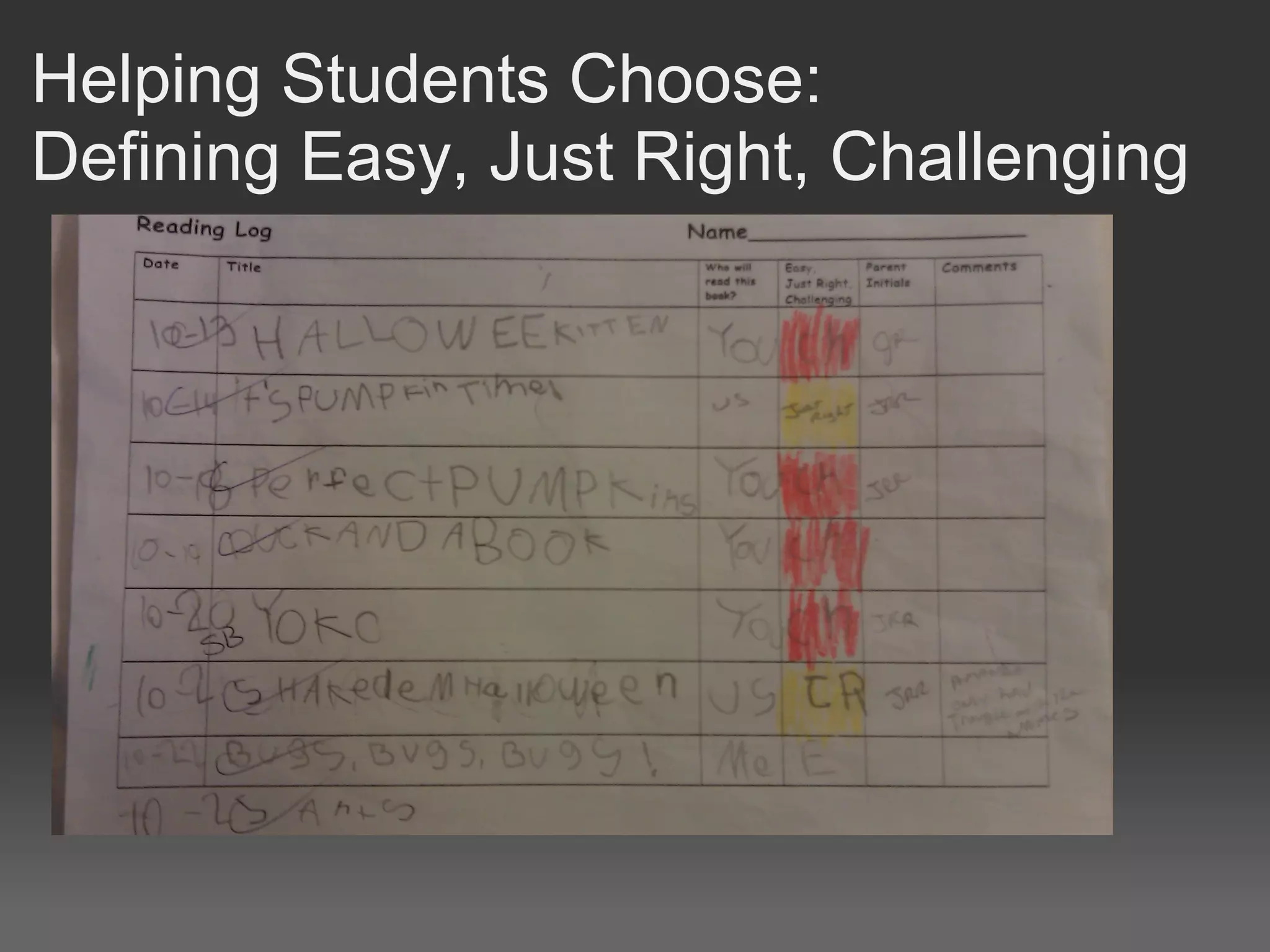 Helping Students Choose:
Defining Easy, Just Right, Challenging
 