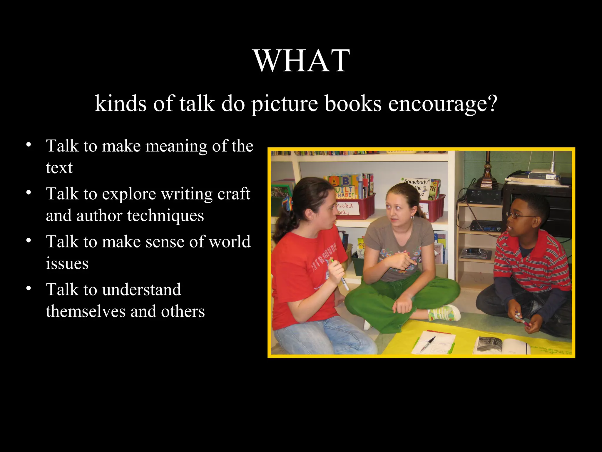 WHAT
kinds of talk do picture books encourage?
• Talk to make meaning of the
text
• Talk to explore writing craft
and author techniques
• Talk to make sense of world
issues
• Talk to understand
themselves and others
 