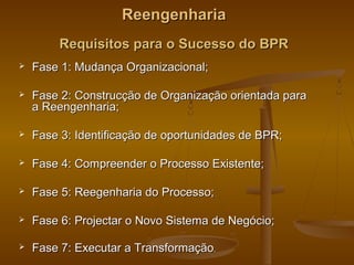 Reengenharia
Requisitos para o Sucesso do BPR


Fase 1: Mudança Organizacional;



Fase 2: Construcção de Organização orientada para
a Reengenharia;



Fase 3: Identificação de oportunidades de BPR;



Fase 4: Compreender o Processo Existente;



Fase 5: Reegenharia do Processo;



Fase 6: Projectar o Novo Sistema de Negócio;



Fase 7: Executar a Transformação.

 