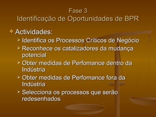 Fase 3

Identificação de Oportunidades de BPR


Actividades:
Identifica os Processos Críticos de Negócio
 Reconhece os catalizadores da mudança
potencial
 Obter medidas de Perfomance dentro da
Indústria
 Obter medidas de Perfomance fora da
Indústria
 Selecciona os processos que serão
redesenhados


 
