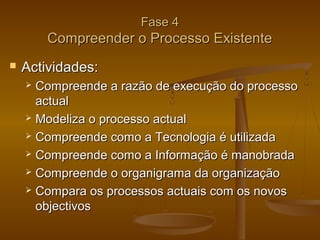 Fase 4

Compreender o Processo Existente


Actividades:
Compreende a razão de execução do processo
actual
 Modeliza o processo actual
 Compreende como a Tecnologia é utilizada
 Compreende como a Informação é manobrada
 Compreende o organigrama da organização
 Compara os processos actuais com os novos
objectivos


 