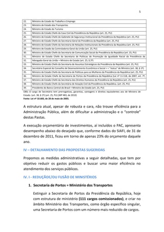 5


22.     Ministro de Estado do Trabalho e Emprego
23.     Ministro de Estado dos Transportes
24.     Ministro de Estado do Turismo
25.     Ministro de Estado Chefe da Casa Civil da Presidência da República (art. 25, PU)
26.     Ministro de Estado Chefe do Gabinete de Segurança Institucional da Presidência da República (art. 25, PU)
27.     Ministro de Estado Chefe da Secretaria-Geral da Presidência da República (art. 25, PU)
28.     Ministro de Estado Chefe da Secretaria de Relações Institucionais da Presidência da República (art. 25, PU)
29.     Ministro de Estado da Controladoria-Geral da União (art. 25, PU)
30.     Ministro de Estado Chefe da Secretaria de Comunicação Social da Presidência da República (art. 25, PU)
31.     Ministro de Estado Chefe da Secretaria de Políticas de Promoção da Igualdade Racial da Presidência da
32.     Advogado-Geral daPU)
        República (art. 25, União = Ministro de Estado (art. 25, § 2º)
33.     Ministro de Estado Chefe da Secretaria de Assuntos Estratégicos da Presidência da República (art. 25, PU)
34.     Secretário Especial do Conselho de Desenvolvimento Econômico e Social = = “status” de Ministro (art. 38, § 1º)
35.     Ministro de Estado Chefe da Secretaria de Políticas para as Mulheres da Presidência da República (art. 25, PU)
36.     Ministro de Estado Chefe da Secretaria de Portos da Presidência da República (Lei nº 11.518, de 2007, art. 7º,
37.     Ministro 25,Estado Chefe da Secretaria dos Direitos Humanos da Presidência da República (art. 25, PU)
        PU) (art. de PU)
38.     Ministro de Estado Chefe da Secretária de Aviação Civil da Presidência da República. (art. 25, PU)
39.     Presidente do Banco Central do Brasil = Ministro de Estado (art. 25, PU)
OBS: O cargo de Secretário tem prerrogativas, garantias, vantagens e direitos equivalentes aos de Ministro de
Estado. (art. 38, § 1º) (art. 25, PU) (MP 483, de 2010)
Fonte: Lei nº 10.683, de 28 de maio de 2003.


A estrutura atual, apesar de robusta e cara, não trouxe eficiência para a
Administração Pública, além de dificultar a administração e o “controle”
destas Pastas.

A execução orçamentária de investimentos, aí incluídos o PAC, apresenta
desempenho abaixo do desejado que, conforme dados do SIAFI, de 31 de
dezembro de 2011, ficou em torno de apenas 23% do orçamento daquele
ano.

IV – DETALHAMENTO DAS PROPOSTAS SUGERIDAS

Propomos as medidas administrativas a seguir detalhadas, que tem por
objetivo reduzir os gastos públicos e buscar uma maior eficiência no
atendimento dos serviços públicos.

IV. I - REDUÇÃOE/OU FUSÃO DE MINISTÉRIOS

      1. Secretaria de Portos = Ministério dos Transportes

         Extinguir a Secretaria de Portos da Presidência da República, hoje
         com estrutura de ministério (111 cargos comissionados), e criar no
         âmbito Ministério dos Transportes, como órgão específico singular,
         uma Secretaria de Portos com um número mais reduzido de cargos.
 