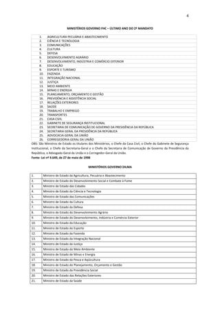 4


                         MINISTÉRIOS GOVERNO FHC – ÚLTIMO ANO DO 2º MANDATO

       1.   AGRICULTURA PECUÁRIA E ABASTECIMENTO
       2.   CIÊNCIA E TECNOLOGIA
       3.   COMUNICAÇÕES
       4.   CULTURA
       5.   DEFESA
       6.   DESENVOLVIMENTO AGRÁRIO
       7.   DESENVOLVIMENTO, INDÚSTRIA E COMÉRCIO EXTERIOR
       8.   EDUCAÇÃO
       9.   ESPORTE E TURISMO
       10. FAZENDA
       11. INTEGRAÇÃO NACIONAL
       12. JUSTIÇA
       13. MEIO AMBIENTE
       14. MINAS E ENERGIA
       15. PLANEJAMENTO, ORÇAMENTO E GESTÃO
       16. PREVIDÊNCIA E ASSISTÊNCIA SOCIAL
       17. RELAÇÕES EXTERIORES
       18. SAÚDE
       19. TRABALHO E EMPREGO
       20. TRANSPORTES
       21. CASA CIVIL
       22. GABINETE DE SEGURANÇA INSTITUCIONAL
       23. SECRETARIA DE COMUNICAÇÃO DE GOVERNO DA PRESIDÊNCIA DA REPÚBLICA
       24. SECRETARIA GERAL DA PRESIDÊNCIA DA REPÚBLICA
       25. ADVOCACIA-GERAL DA UNIÃO
       26. CORREGEDORIA-GERAL DA UNIÃO
OBS: São Ministros de Estado os titulares dos Ministérios, o Chefe da Casa Civil, o Chefe do Gabinete de Segurança
Institucional, o Chefe da Secretaria-Geral e o Chefe da Secretaria de Comunicação de Governo da Presidência da
República, o Advogado-Geral da União e o Corregedor-Geral da União.
Fonte: Lei nº 9.649, de 27 de maio de 1998

                                         MINISTÉRIOS GOVERNO DILMA

1.      Ministro de Estado da Agricultura, Pecuária e Abastecimento
2.      Ministro de Estado do Desenvolvimento Social e Combate à Fome
3.      Ministro de Estado das Cidades
4.      Ministro de Estado da Ciência e Tecnologia
5.      Ministro de Estado das Comunicações
6.      Ministro de Estado da Cultura
7.      Ministro de Estado da Defesa
8.      Ministro de Estado do Desenvolvimento Agrário
9.      Ministro de Estado do Desenvolvimento, Indústria e Comércio Exterior
10.     Ministro de Estado da Educação
11.     Ministro de Estado do Esporte
12.     Ministro de Estado da Fazenda
13.     Ministro de Estado da Integração Nacional
14.     Ministro de Estado da Justiça
15.     Ministro de Estado do Meio Ambiente
16.     Ministro de Estado de Minas e Energia
17.     Ministro de Estado da Pesca e Aqüicultura
18.     Ministro de Estado do Planejamento, Orçamento e Gestão
19.     Ministro de Estado da Previdência Social
20.     Ministro de Estado das Relações Exteriores
21.     Ministro de Estado da Saúde
 