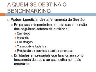 A QUEM SE DESTINA O
BENCHMARKING
 Podem beneficiar desta ferramenta de Gestão:
 Empresas indepentedemente da sua dimensão
dos seguintes setores de atividade:
 Comércio
 Indústria
 Construção
 Transporte e logística
 Prestação de serviços a outras empresas
 Entidades empresariais que funcionam como
ferramenta de apoio ao aconselhamento às
empresas.
 