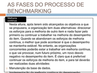 AS FASES DO PROCESSO DE
BENCHMARKING
Melhoria
continua
Nesta altura, após terem sido alcançados os objetivos a que
se propusera, a organização tem duas alternativas: direcionar
os esforços para a melhoria de outro item e nada fazer pelo
primeiro ou continuar a trabalhar na melhoria do desempenho
do item. Quando se abandonam os esforços de melhoria
contínua, o melhor que pode acontecer é que o desempenho
se mantenha estável. No entanto, as organizações
concorrentes poderão estar a trabalhar em melhoria contínua,
o que vai provocar, num futuro próximo, um novo desvio
negativo no desempenho do item. É claro que é preferível
continuar os esforços de melhoria do item, e para tal deverão
ser realizadas duas atividades:
 Manutenção da base de dados.
 