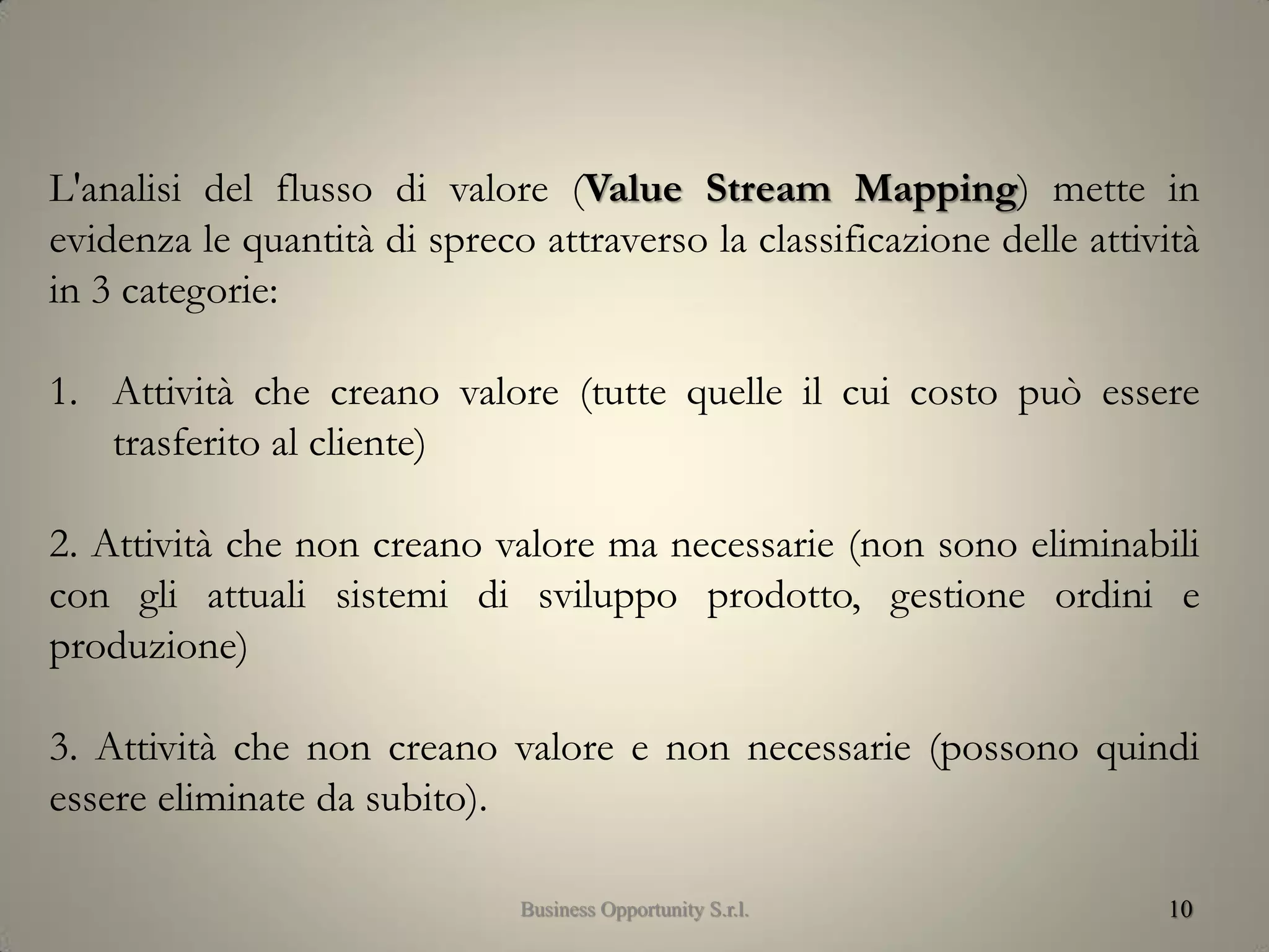 10
L'analisi del flusso di valore (Value Stream Mapping) mette in
evidenza le quantità di spreco attraverso la classificazione delle attività
in 3 categorie:
1. Attività che creano valore (tutte quelle il cui costo può essere
trasferito al cliente)
2. Attività che non creano valore ma necessarie (non sono eliminabili
con gli attuali sistemi di sviluppo prodotto, gestione ordini e
produzione)
3. Attività che non creano valore e non necessarie (possono quindi
essere eliminate da subito).
Business Opportunity S.r.l.
 