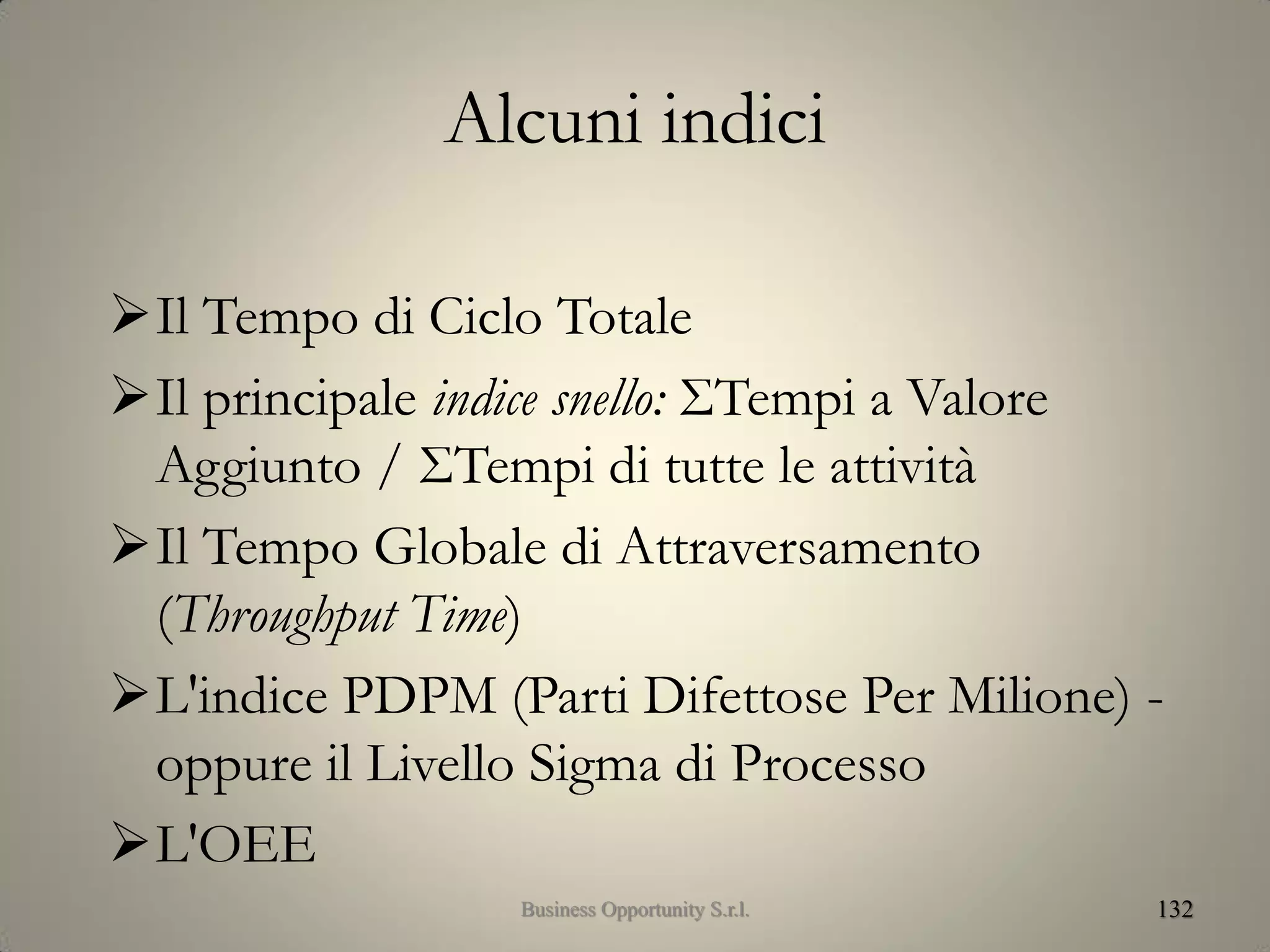 Alcuni indici
Il Tempo di Ciclo Totale
Il principale indice snello: ΣTempi a Valore
Aggiunto / ΣTempi di tutte le attività
Il Tempo Globale di Attraversamento
(Throughput Time)
L'indice PDPM (Parti Difettose Per Milione) -
oppure il Livello Sigma di Processo
L'OEE
132Business Opportunity S.r.l.
 