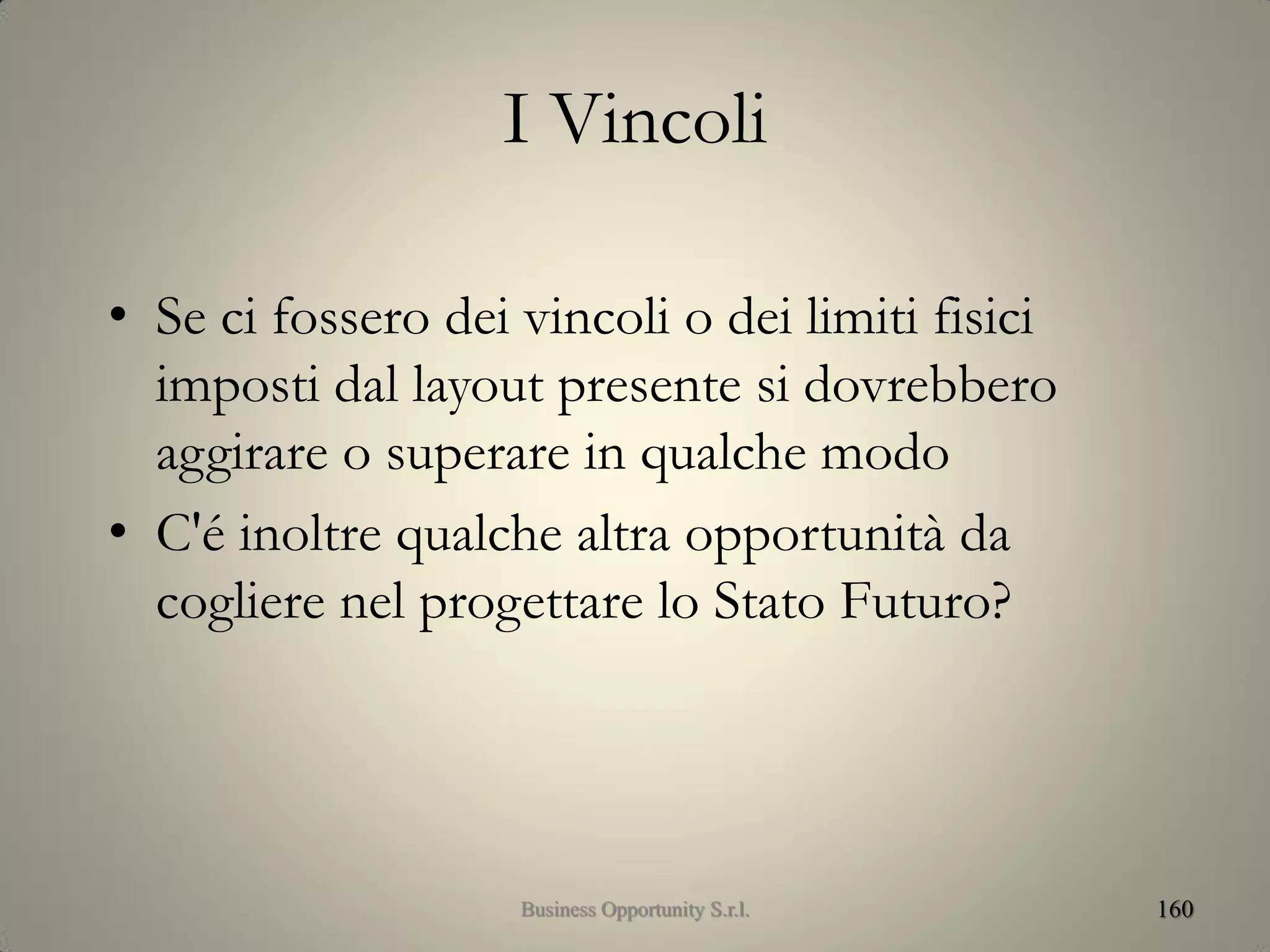 I Vincoli
• Se ci fossero dei vincoli o dei limiti fisici
imposti dal layout presente si dovrebbero
aggirare o superare in qualche modo
• C'é inoltre qualche altra opportunità da
cogliere nel progettare lo Stato Futuro?
160Business Opportunity S.r.l.
 