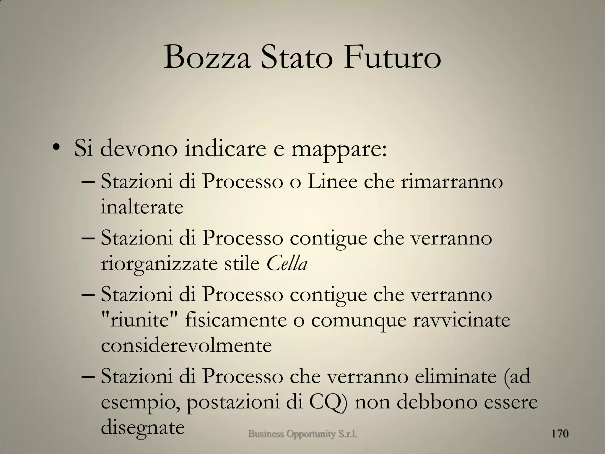 Bozza Stato Futuro
• Si devono indicare e mappare:
– Stazioni di Processo o Linee che rimarranno
inalterate
– Stazioni di Processo contigue che verranno
riorganizzate stile Cella
– Stazioni di Processo contigue che verranno
"riunite" fisicamente o comunque ravvicinate
considerevolmente
– Stazioni di Processo che verranno eliminate (ad
esempio, postazioni di CQ) non debbono essere
disegnate 170Business Opportunity S.r.l.
 